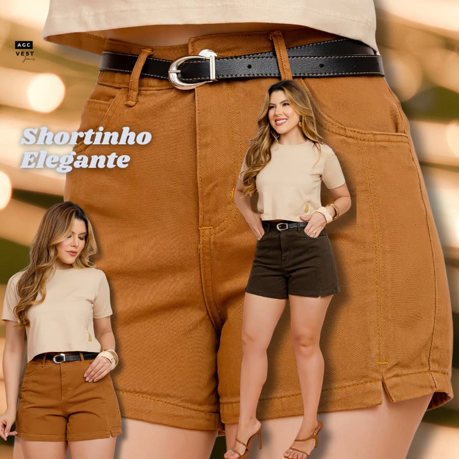 Short Feminino Sem Lycra Brim Com Cinto  Jeans Cargo Cintura Alta Envio Imediato