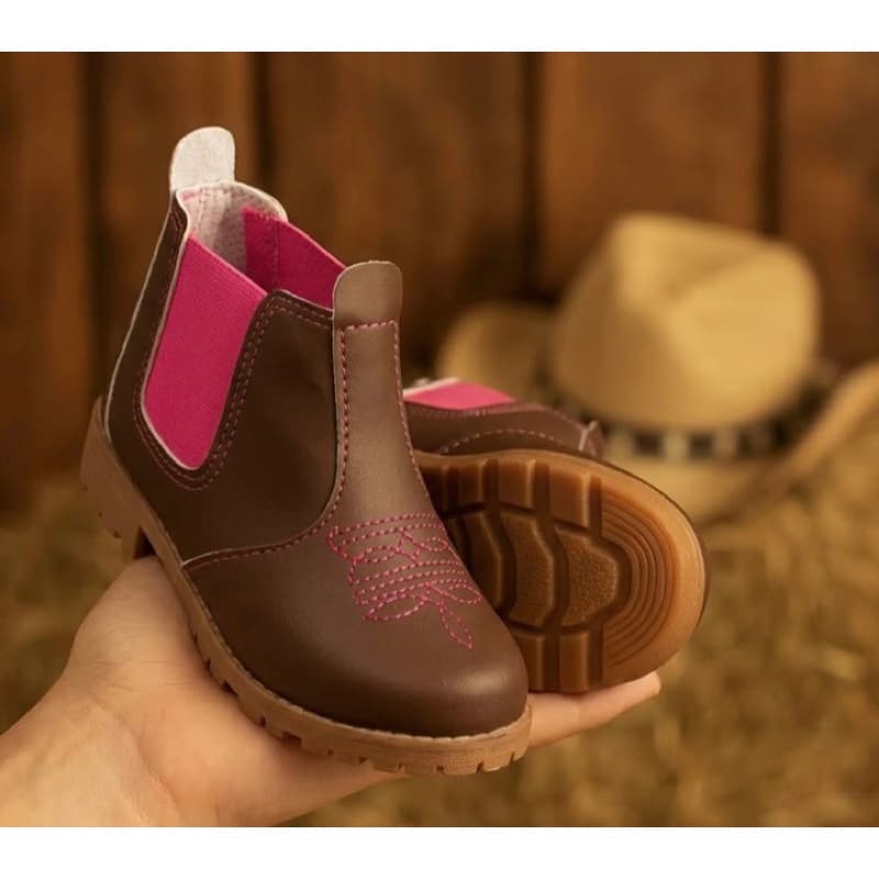 Bota Infantil Country Menina Confortável Botina Rosa Pink Bordada Antiderrapante
