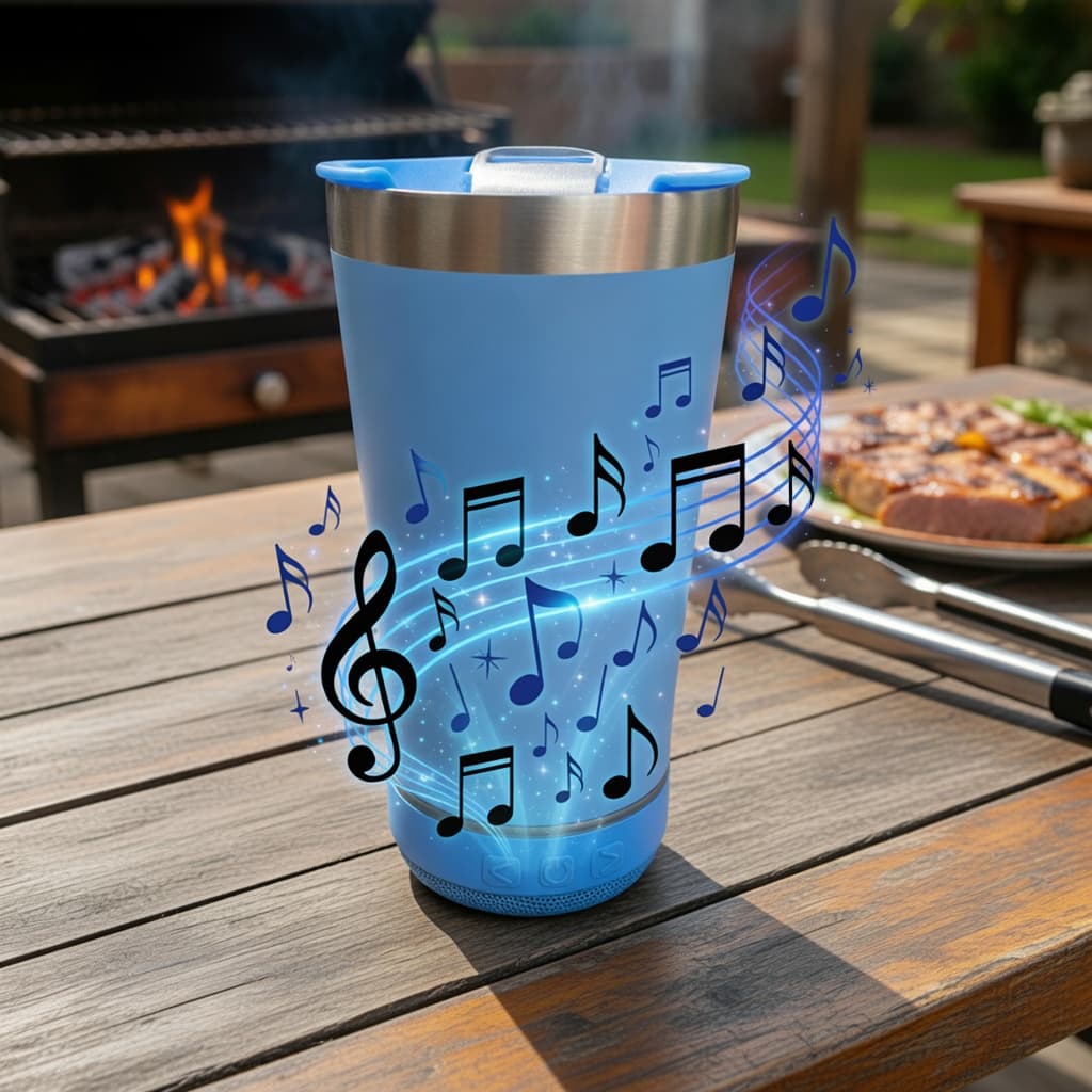 Personalizado - Bluetooth - Copo Térmico Som Led e TAMPA com ABRIDOR (420 ml) - Azul Claro