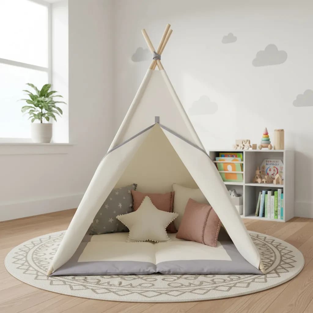 Cabana Barraca tenda Infantil + Janelas + Tapete Acolchoado Cinza 135x110x110cm Atelie Luara montessoriana