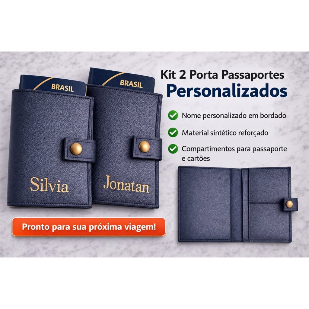 Kit 2 Porta Passaporte Personalizado na cor preto com Nome Bordado