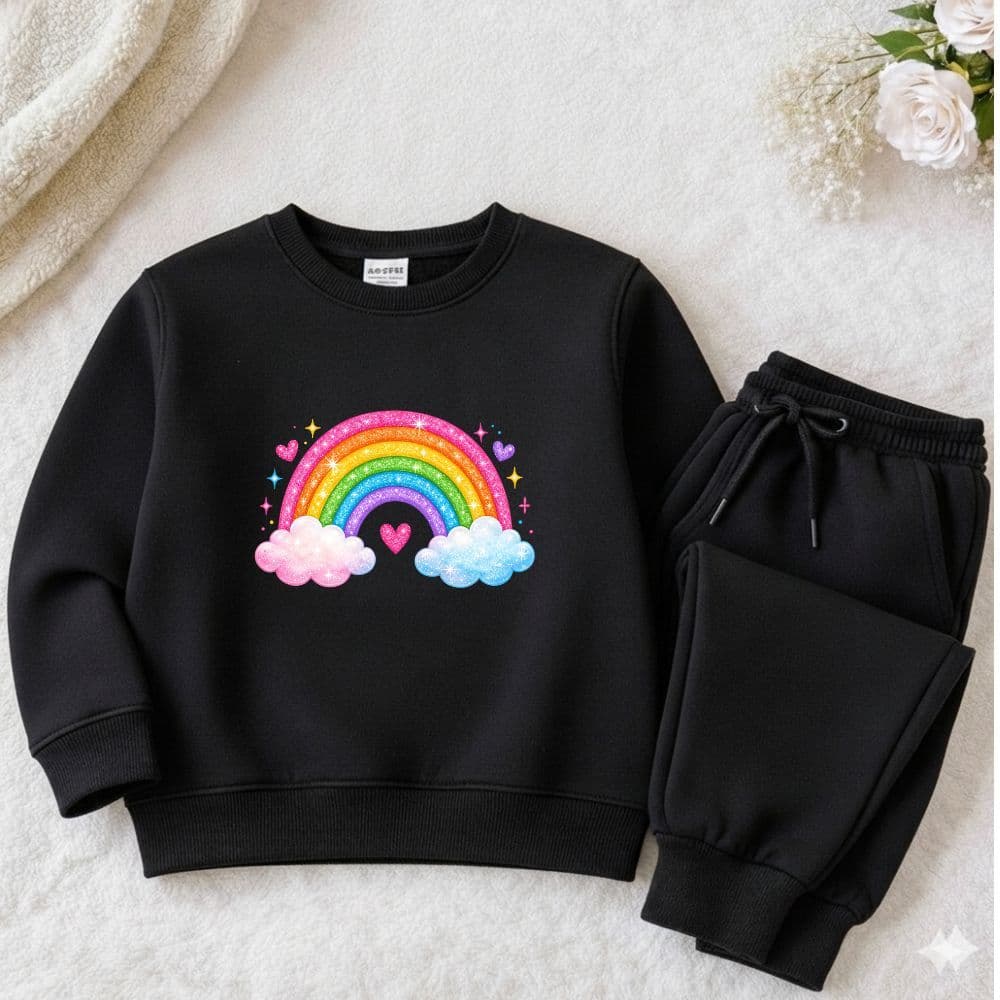 Conjunto moletom infantil e juvenil meninas arco iris nuvem blusa gola careca e calça moletom premium flanelado