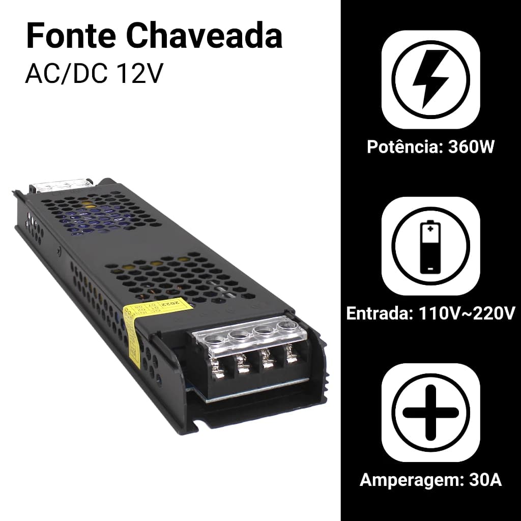 Fonte Chaveada 12v 30a 360w Para Cftv Fita Led Som Automotivo Câmeras