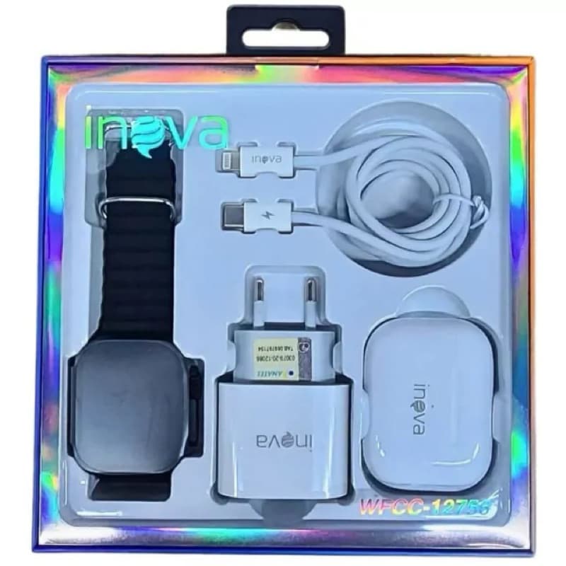 Kit Smartwatch Inova WFCC-12756 + Fone Bluetooth + Fonte Turbo 30W + Cabo Lightning | 4 em 1 Original