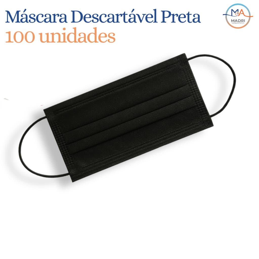 100 Uni. Máscara Descartável Preta c/ Clipe Nasal | Modelo Adulto c/ Tripla Camada