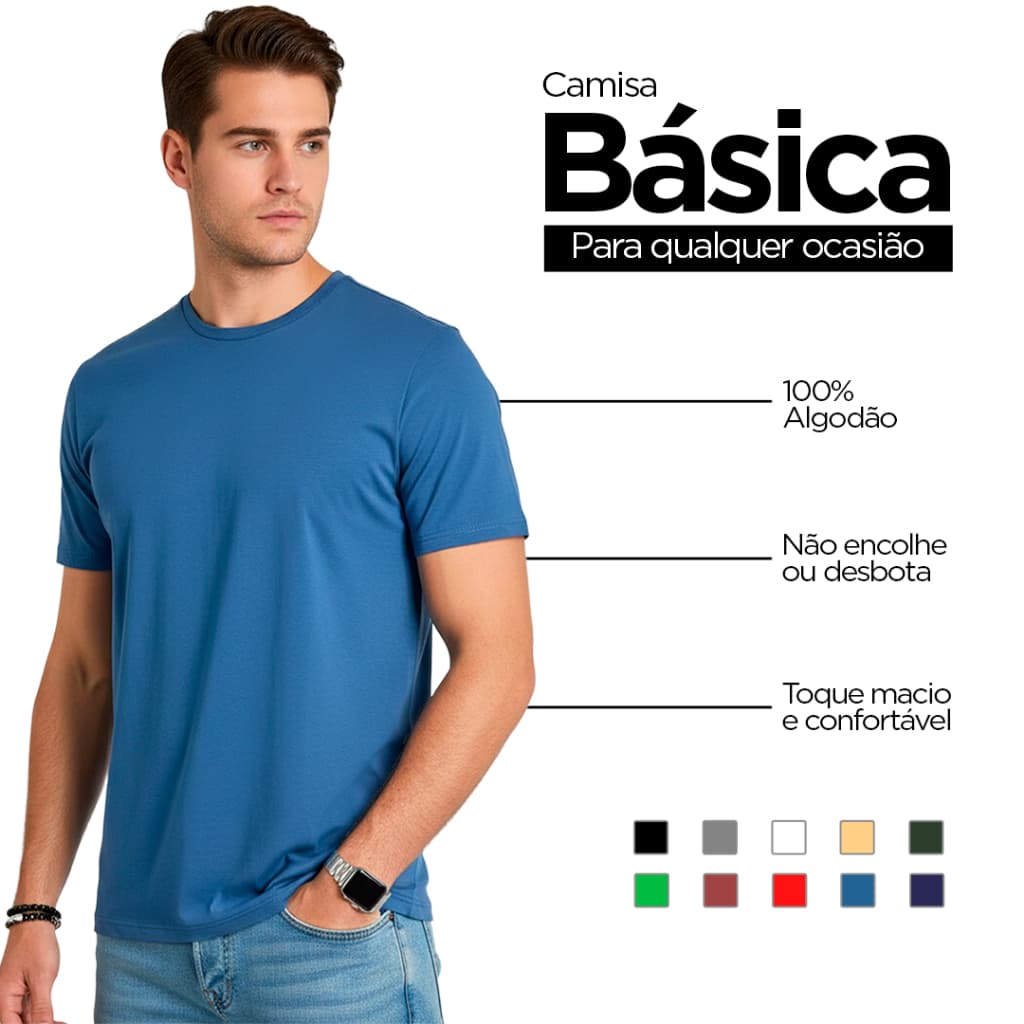 Camiseta Azul Básica Masculina Lisa 100% Algodão Reforço Ombro a Ombro - Camiseta Masculina Unitário
