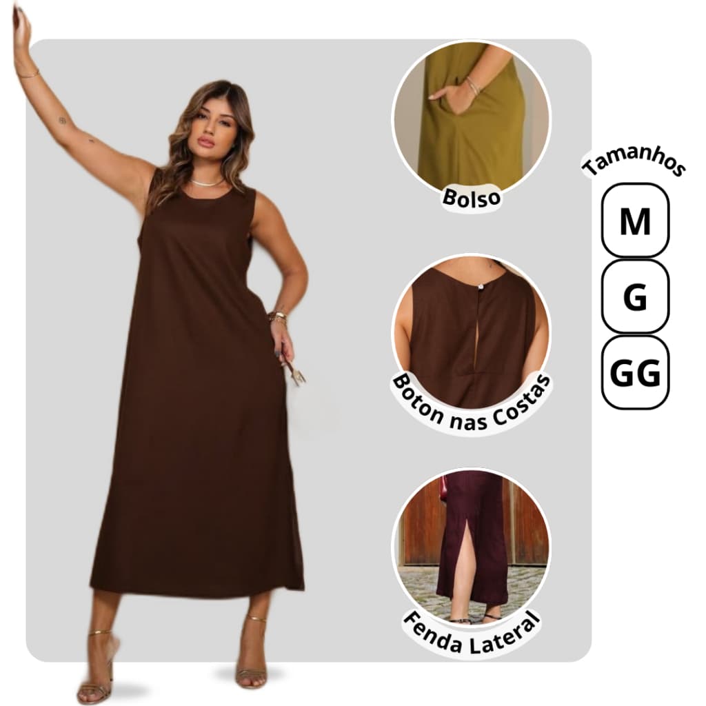 vestido midi casual/gola redonda/confortavel/bolsos funcionais/boton nas costas.