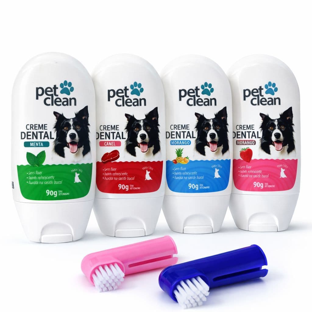 Kit Pasta De Dente Pet Clean 90g Para Cães E Gatos + Escova Dedeira | Anti Mau Hálito | Sabor Carne Hortelã Morango Tutt