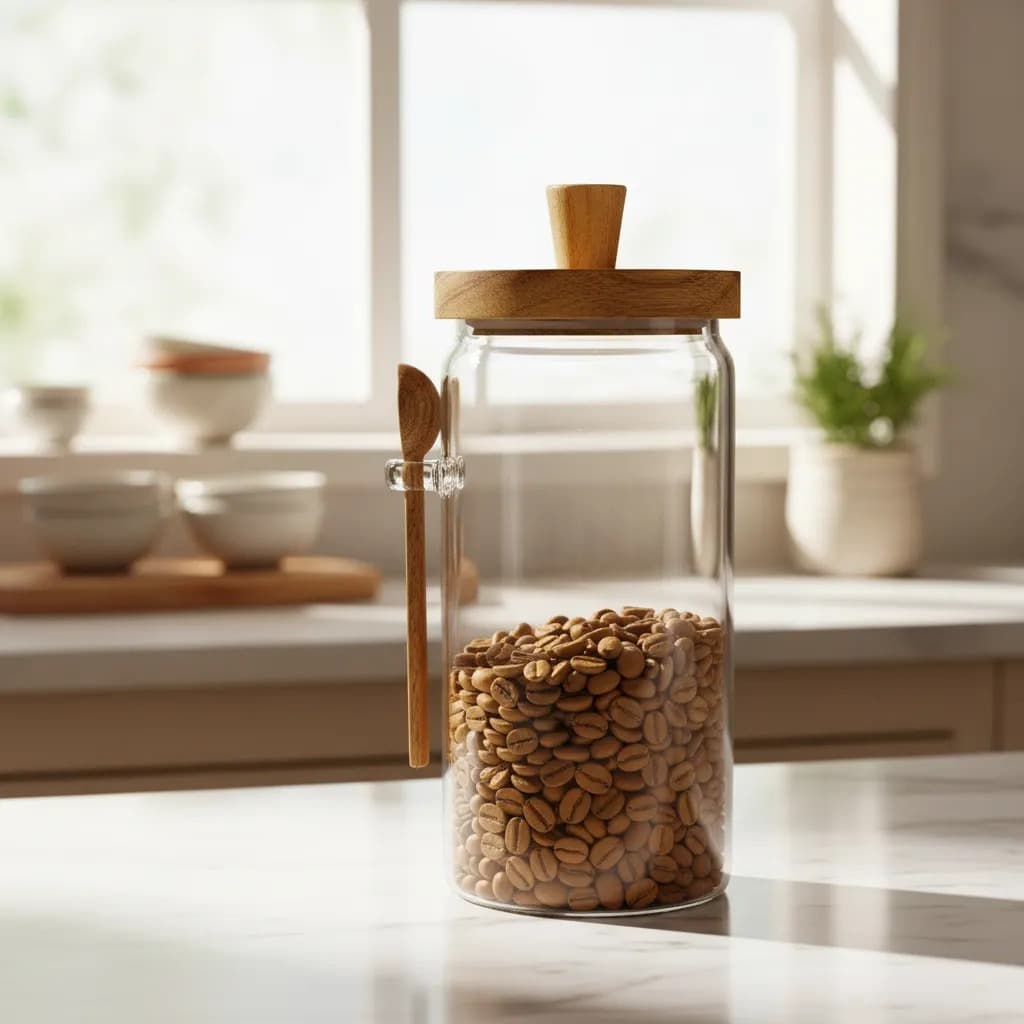 Pote de Vidro Hermético 1,1L com Tampa de Madeira e Colher para Café Açúcar Grãos