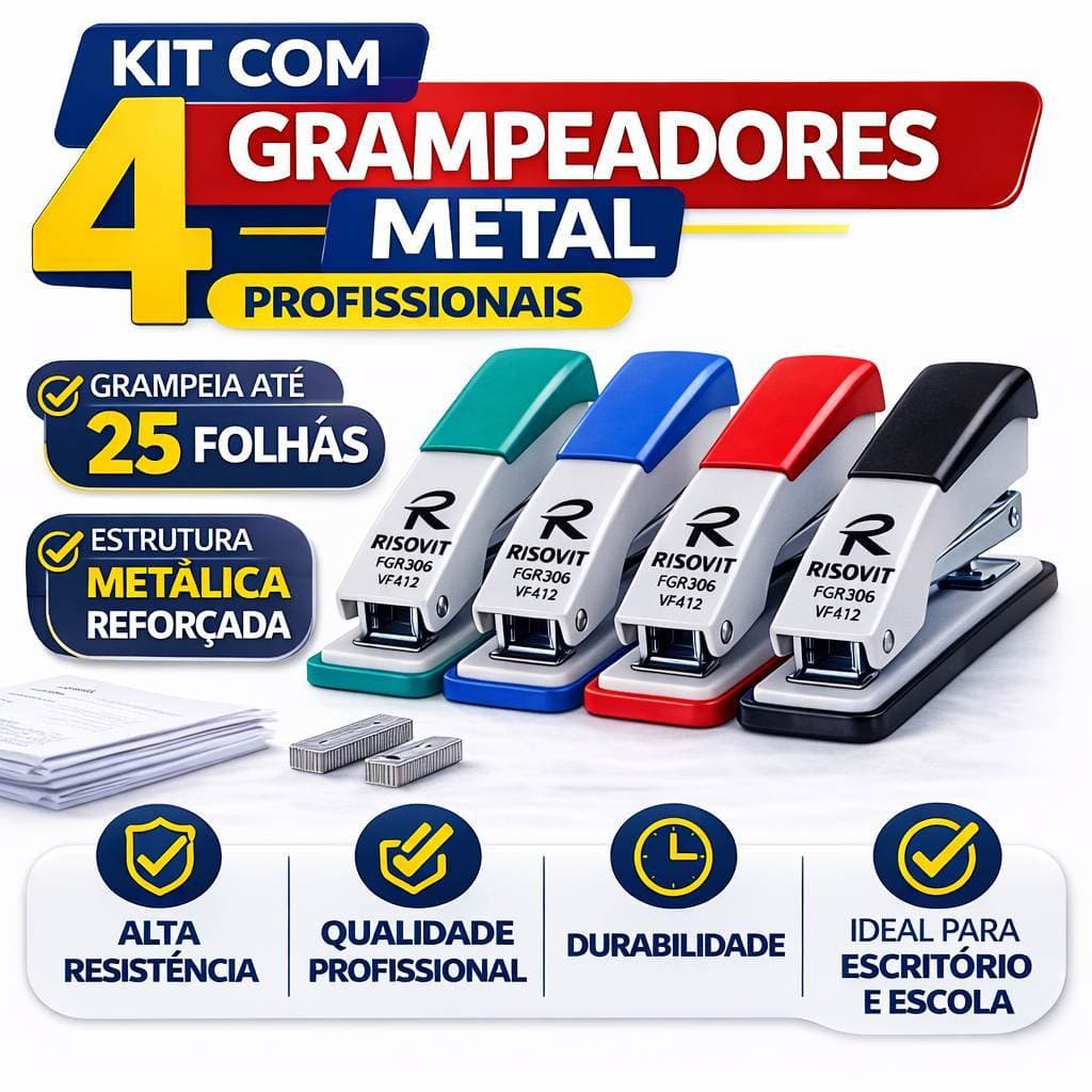 Kit 4 Grampeadores Metal Profissional 25 Folhas 24/6 26/6 Risovit Escritório Escola Papelaria Cores Sortidas