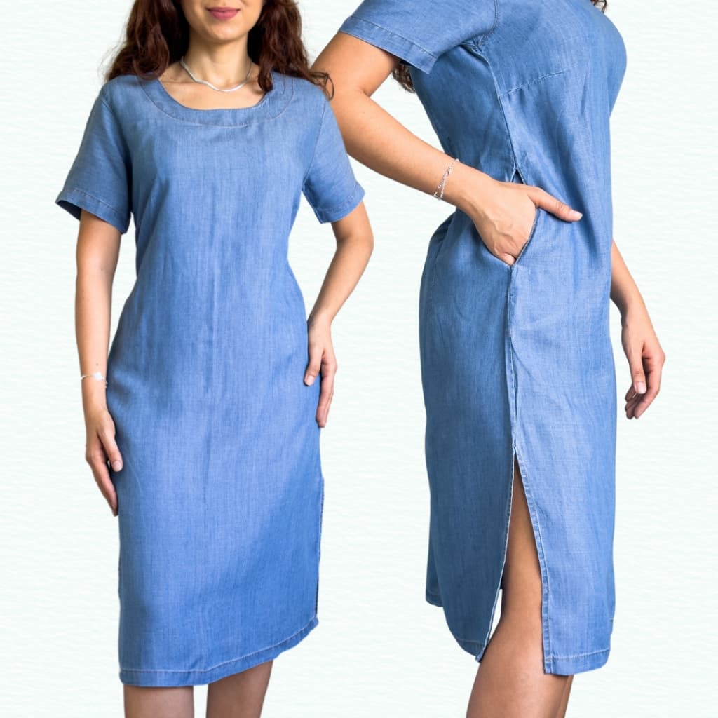 Vestido feminino jeans midi manga curta com bolsos
