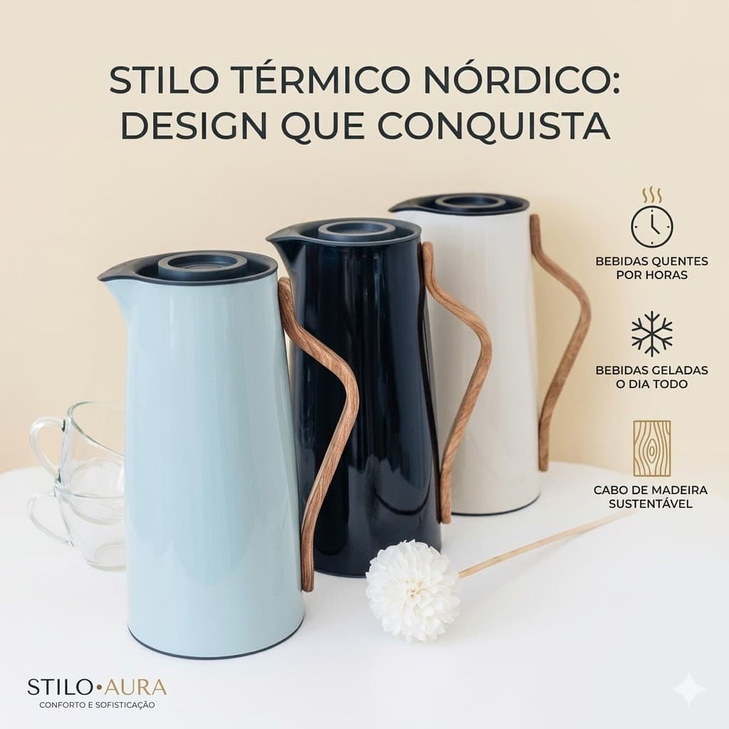 Garrafa Termica Kyoto  Isolamento Superior 1 Litro Design Moderno Cabo Madeira Luxo Café Chá