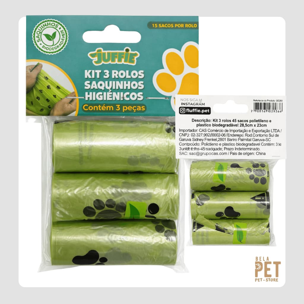 Kit Saquinho para Cachorro com 3 Rolos e 45 Sacos Higiênicos Biodegradáveis