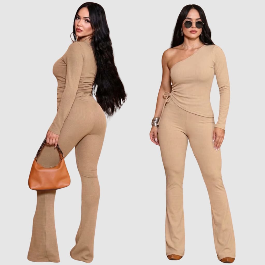 Conjunto Feminino Calça Flare Blusa Ombro Só Anarruga manga longa Conjunto Mula Manca Blogueira