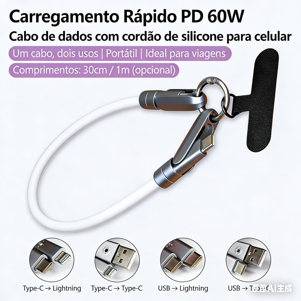 Cordão para celular com duas portas USB-C e carregamento rápido de 65W, compatível com iPhone 15-16 e celulares Huawei