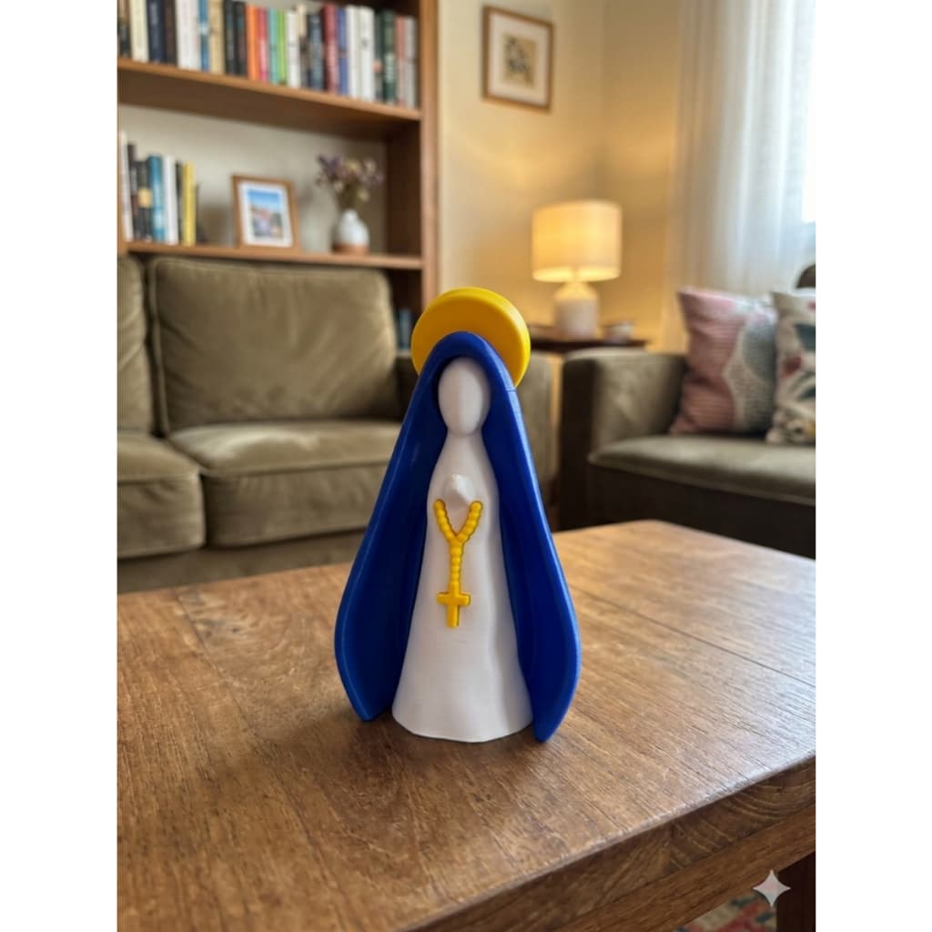 Escultura Nossa Senhora Decorativa | Imagem Religiosa Católica com Manto Azul e Halo Dourado | Decoração