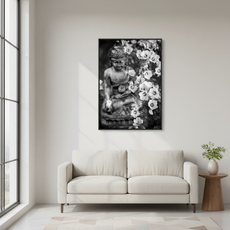 Quadro Decoração Arte Buda Zen Meditação Harmonia Espiritual Preto Branco Canva 60x40