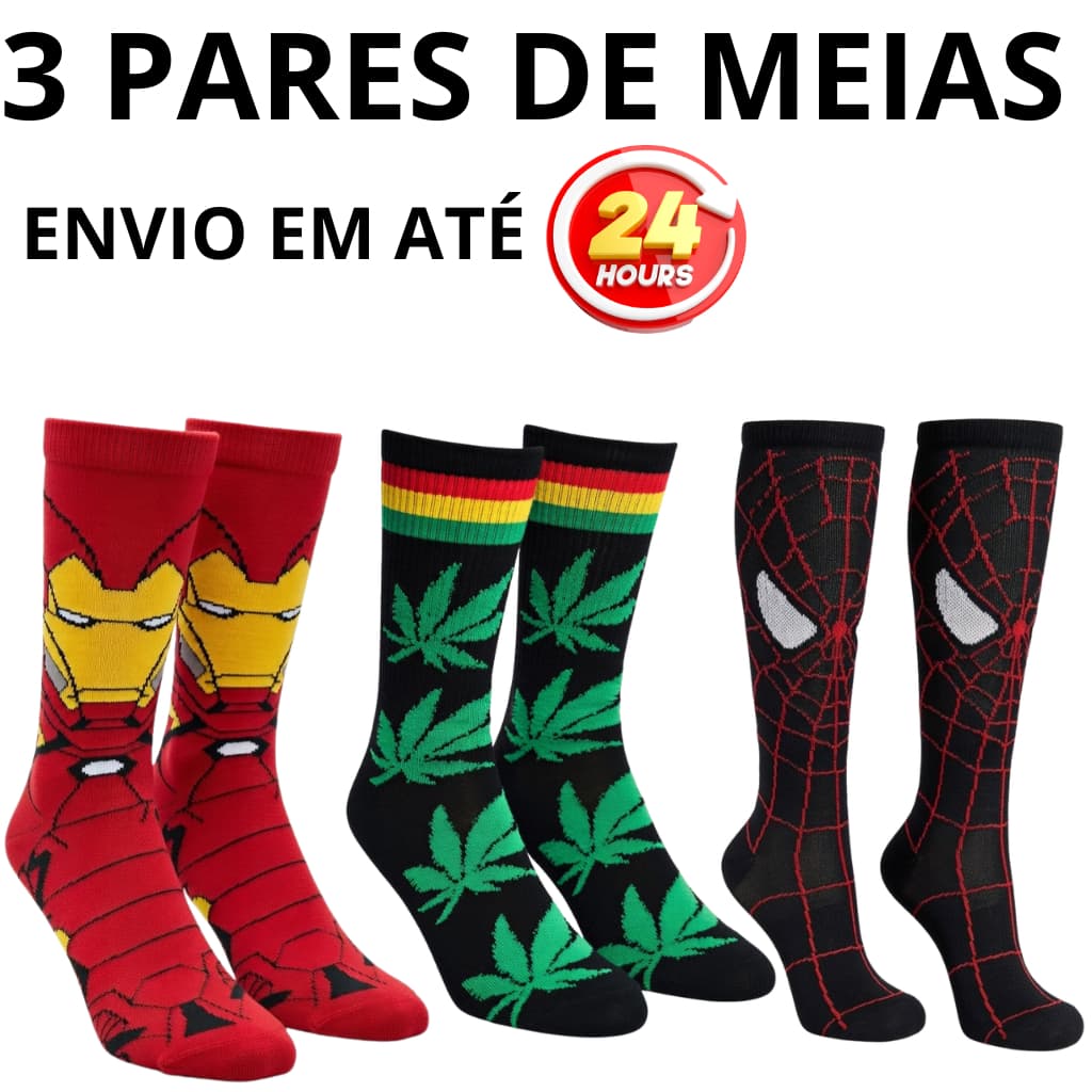 Kit 03 pares de meias Divertidas adulto estampas sortidas