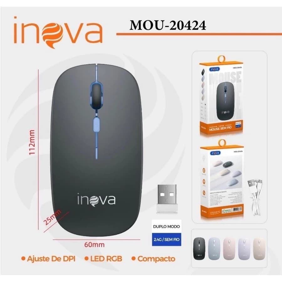 Inova Mouse Sem Fio Com Led Recarregavel (bluetooth,2.4gbUSB)