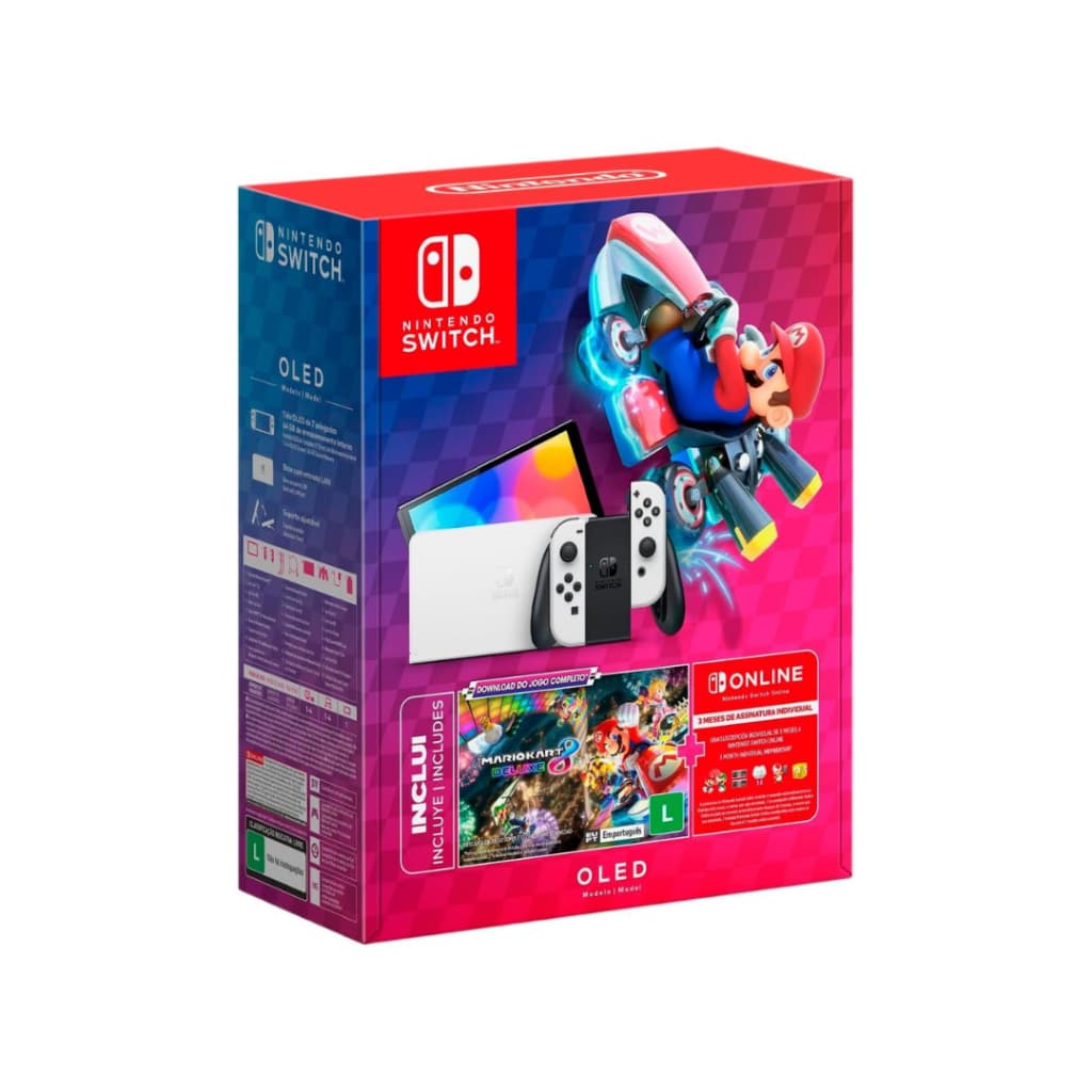 Nintendo, Console + Jogo, Switch OLED Branco, Jogo Digital Mario Kart 8 Deluxe, 3 Meses de Assinatura Nintendo Switch