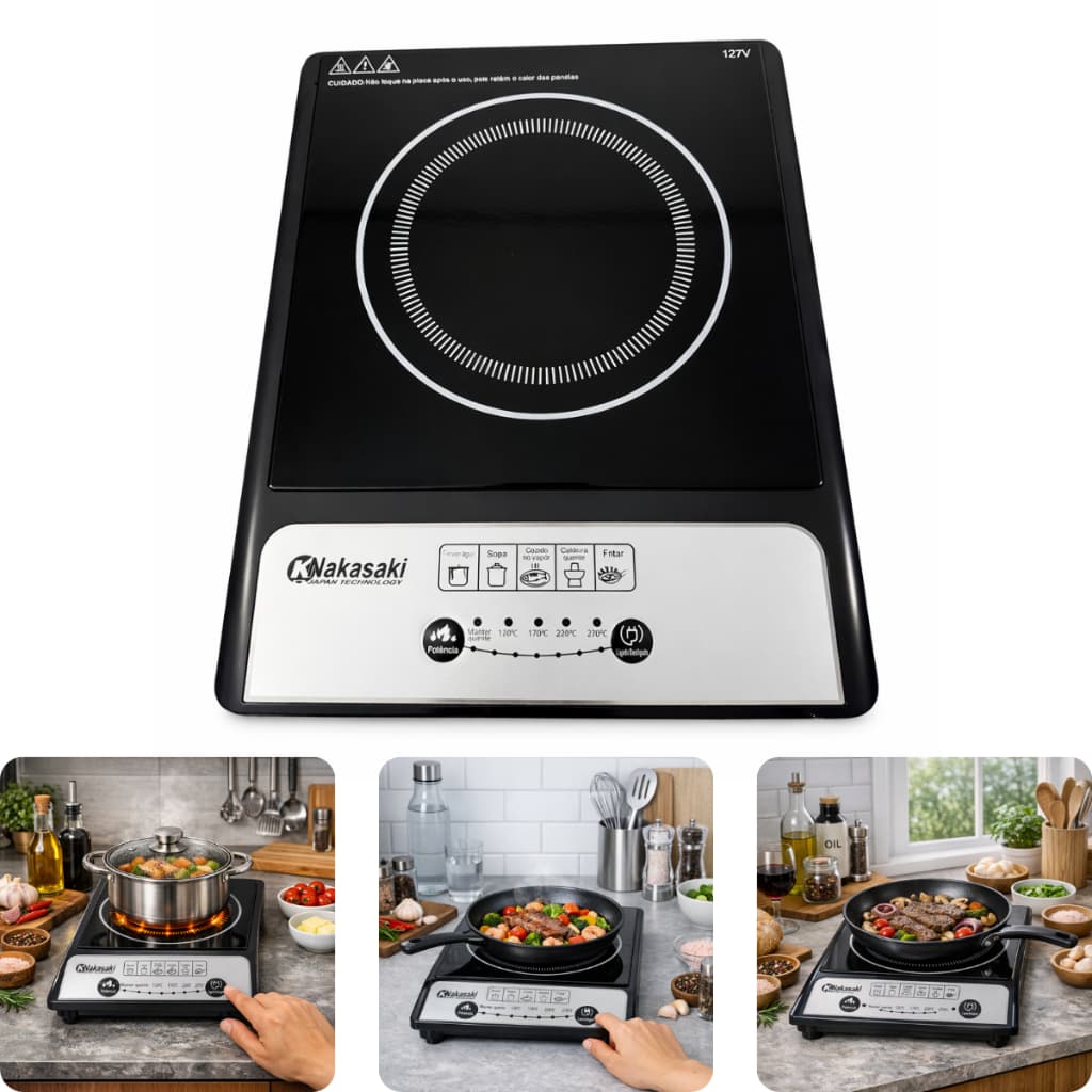 Cooktop por Indução Nakasaki 127V e 220Vcom Controle de Temperatura e Compatível com Panelas