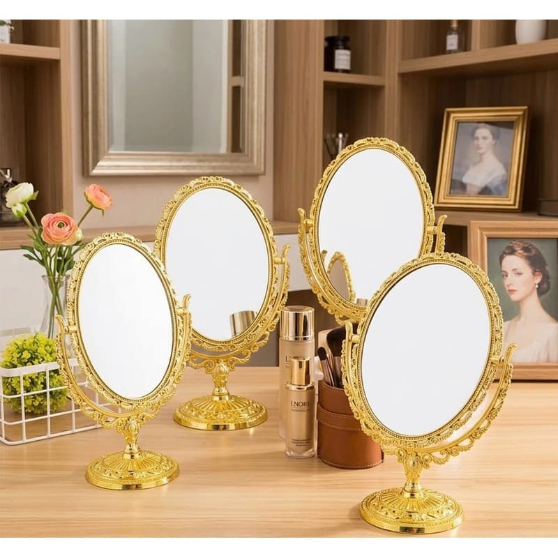 Espelho De Mesa Princesa  Decoraçao - Festa Maquiagem Dupla Face Zoom Dourado Oval 20 cm