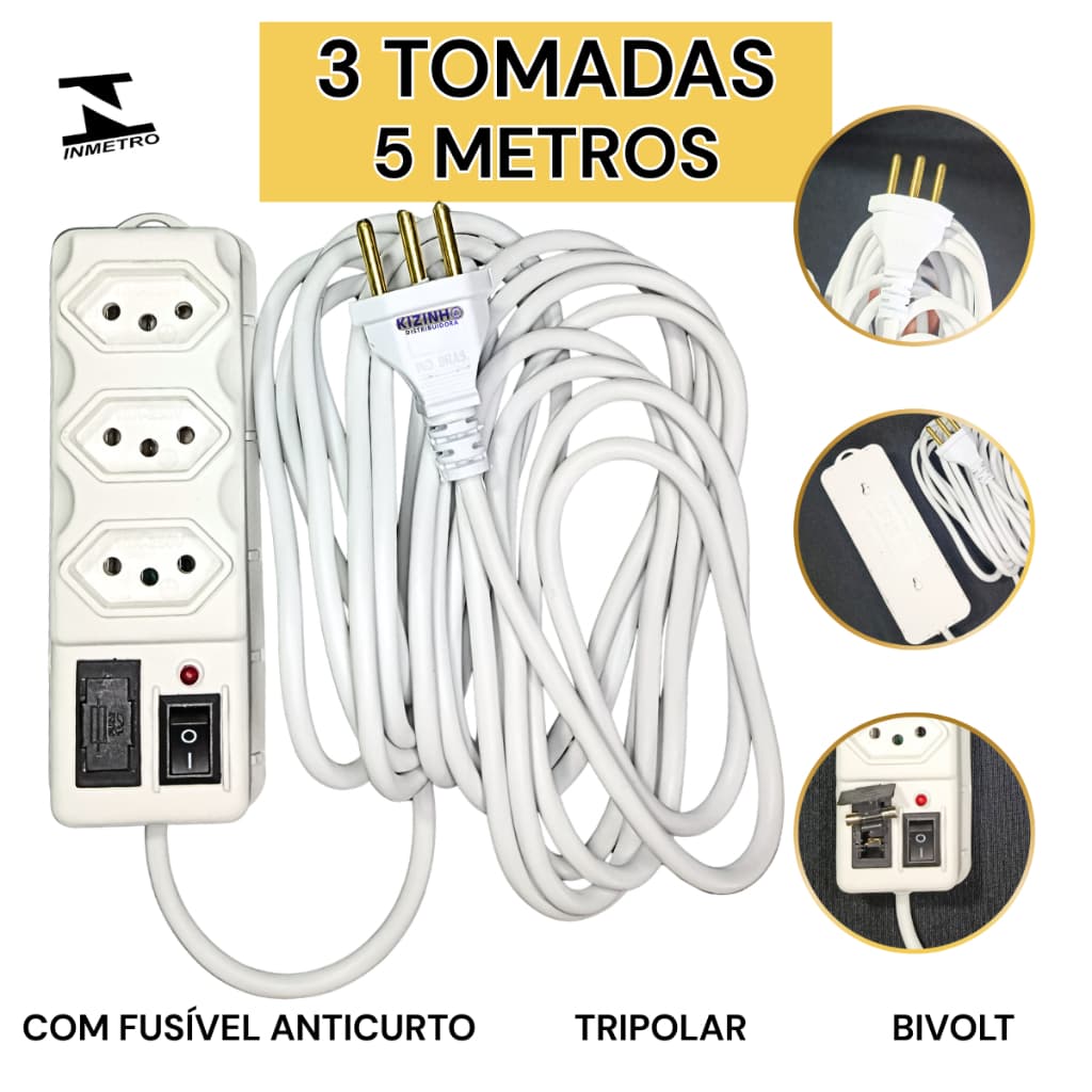 Filtro de linha Elétrica 5 Metros 3 Tomadas Bivolt 110/220 Tripolar Com Fusível 3A