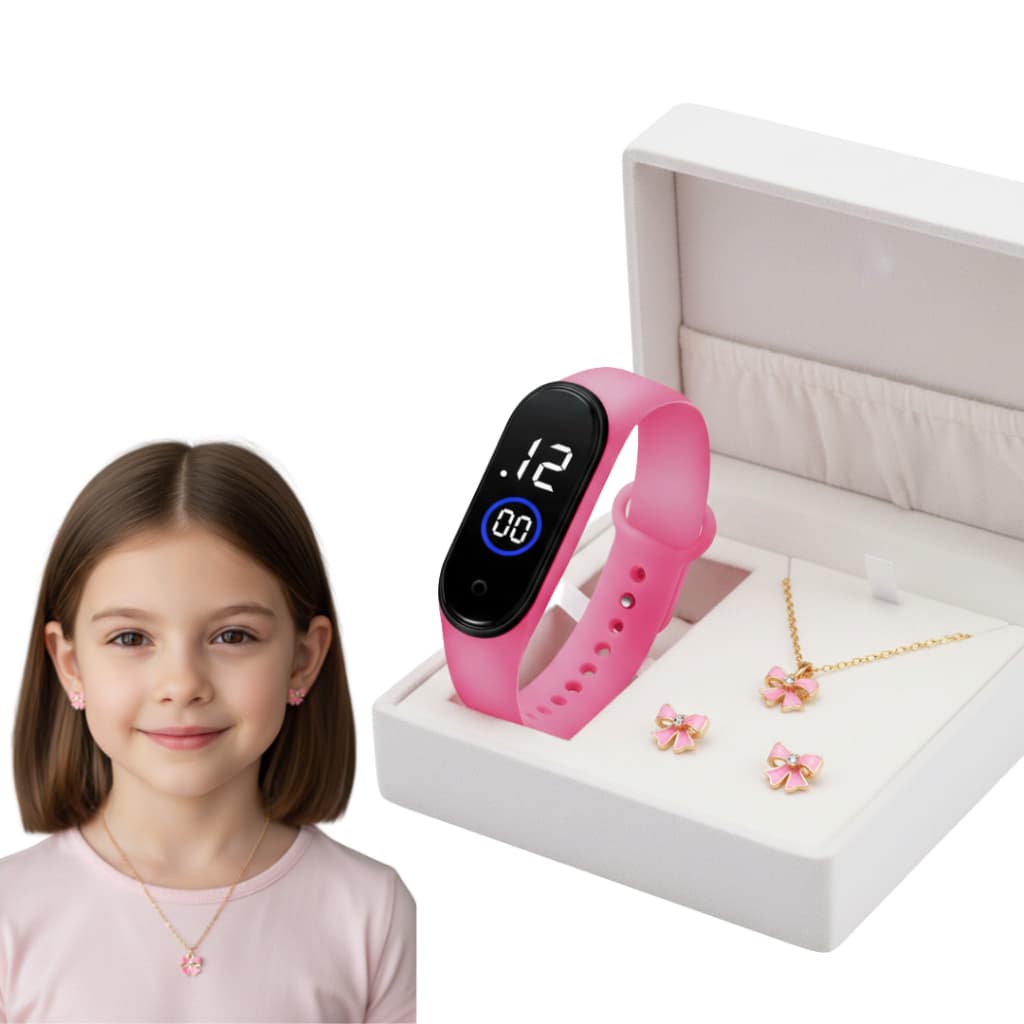 Kit Relógio Digital Infantil + Colar Feminino e Brinco Bijuteria Com Pingente Biju Laço