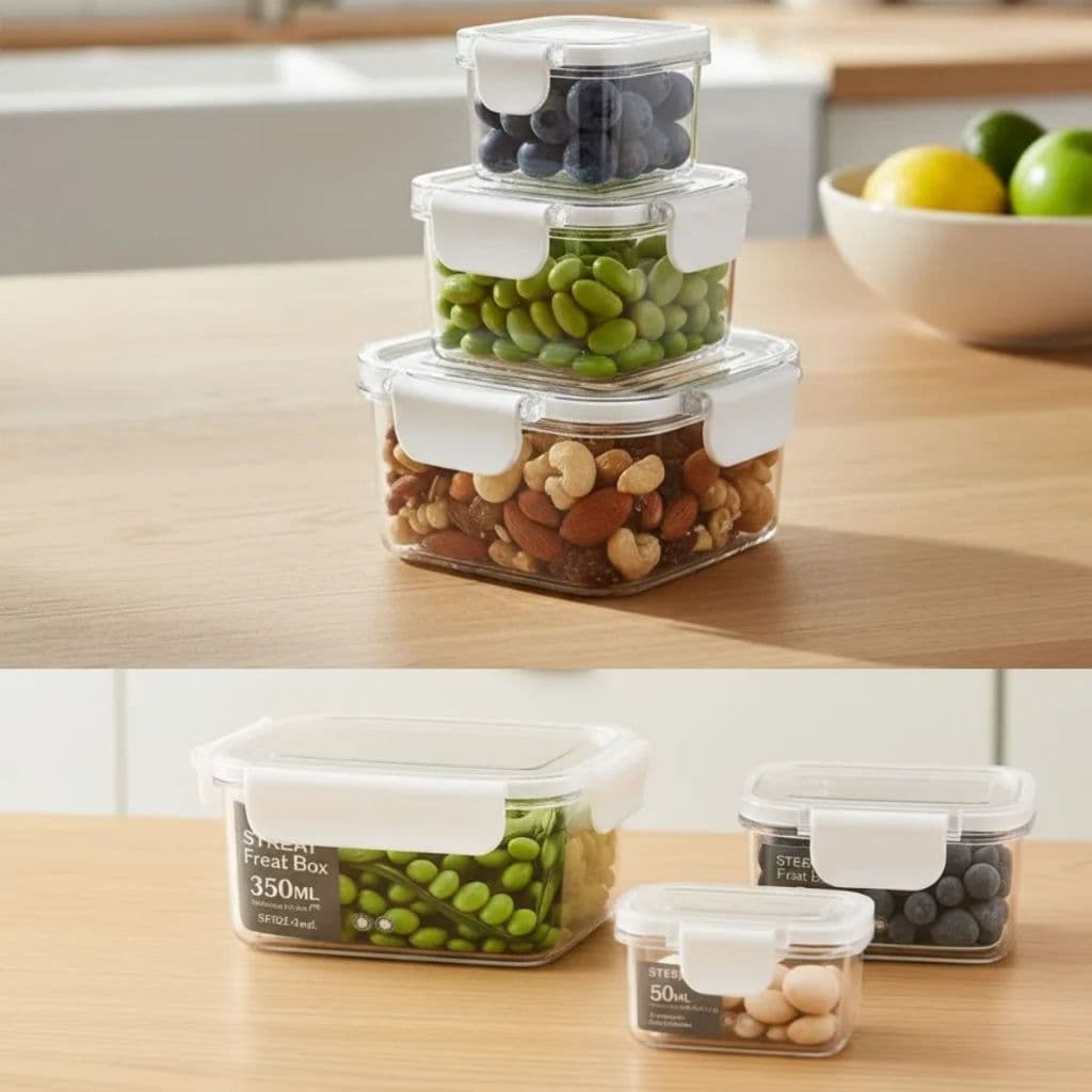 Conjunto 3 Potes Herméticos Acrílico Porta Mantimentos Quadrado Retangular Tampa Vedação BPA Free