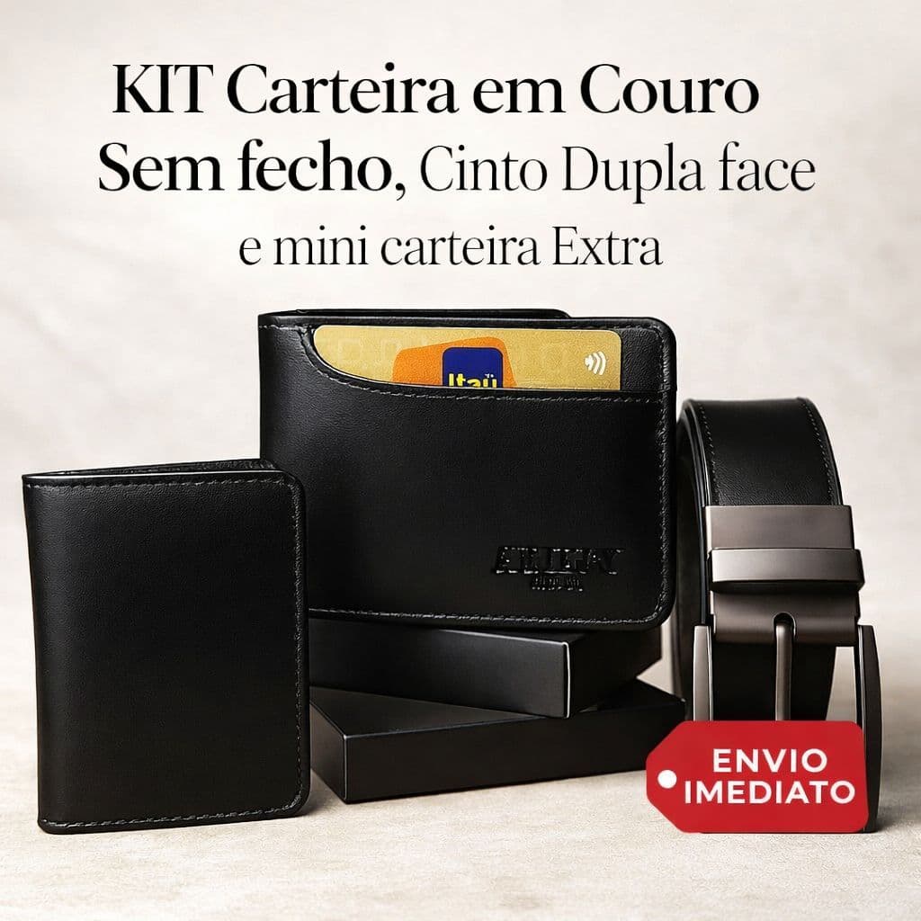 Carteira em Couro Masculina Sem Fecho + Cinto Masculino Social Giratório Dupla Face 2 em 1