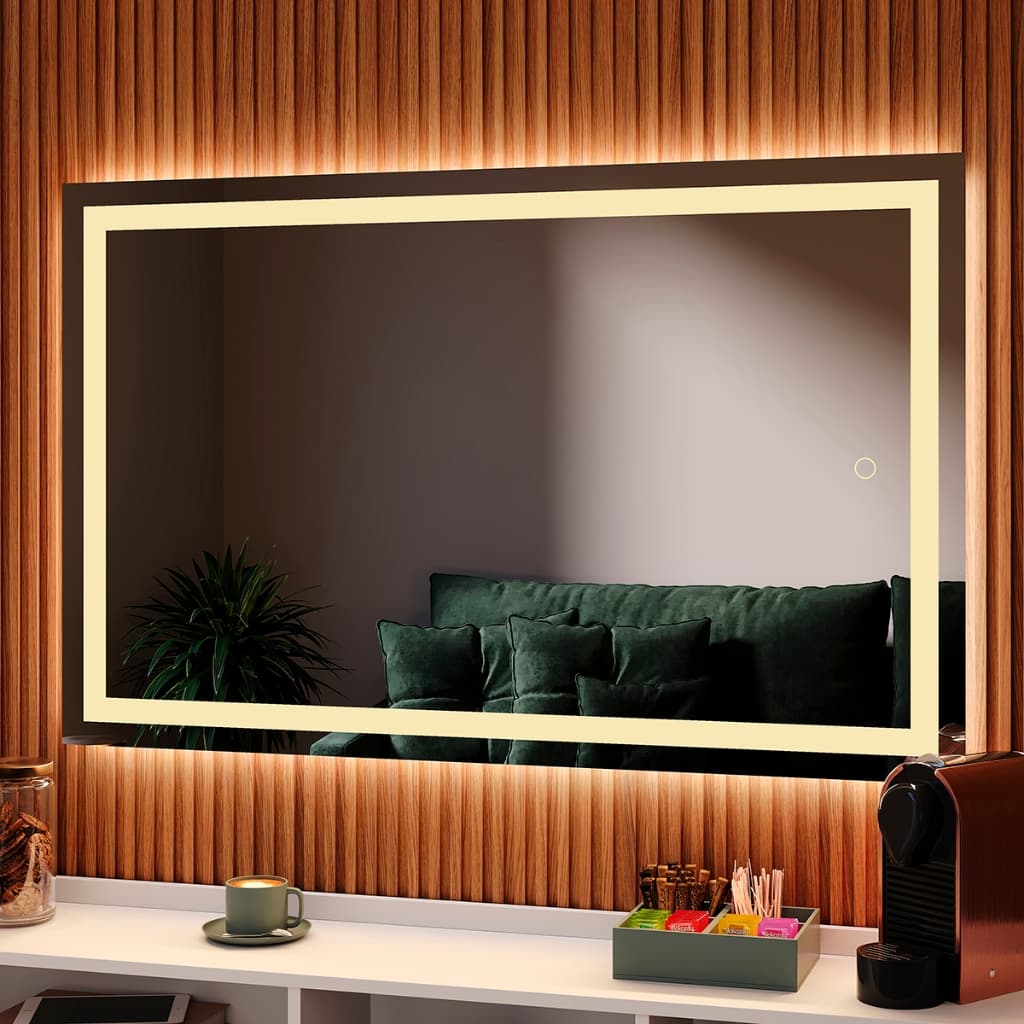 Espelho Retângular Jateado 80x50 LED Multicolor Touch Decorativo Moderno Parede Banheiro Sala Quarto