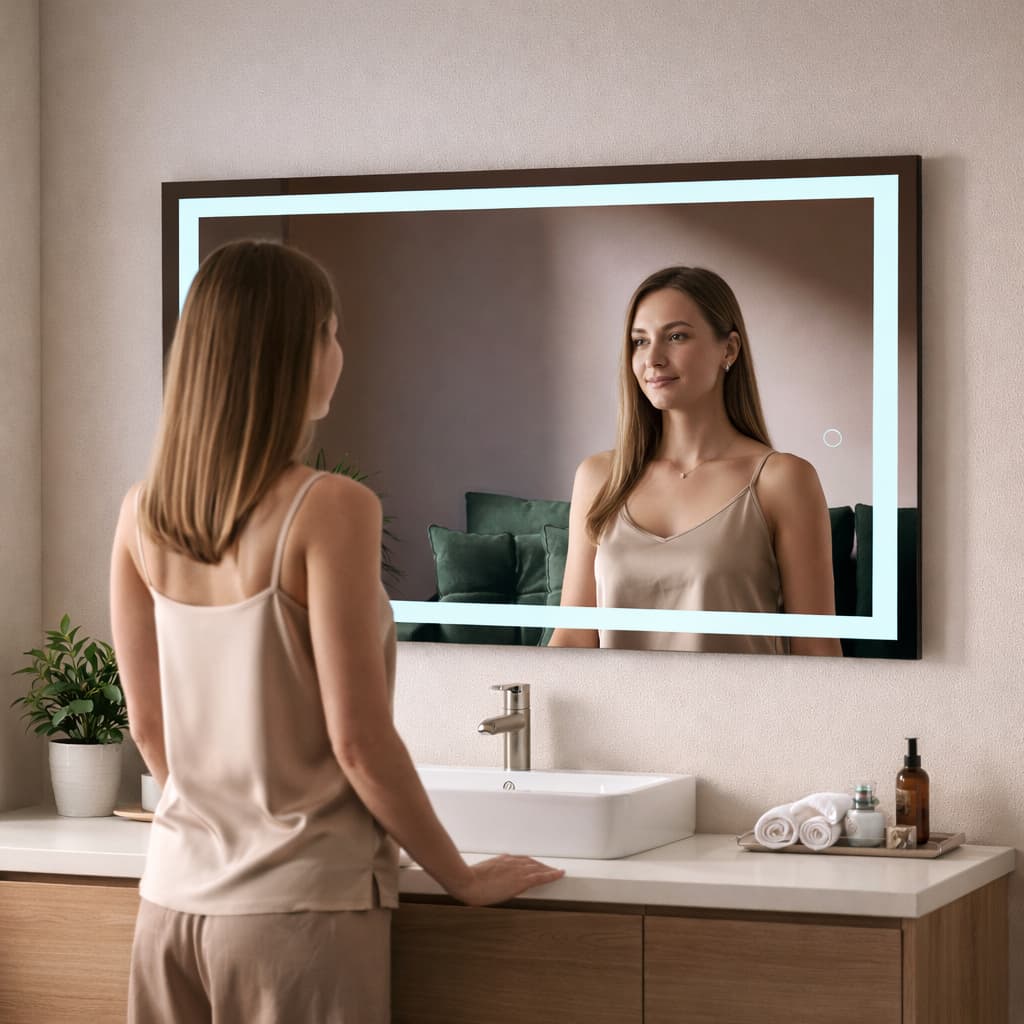 Espelho Retângular Jateado 90x70 LED Multicolor Touch Decorativo Moderno Parede Banheiro Sala Quarto