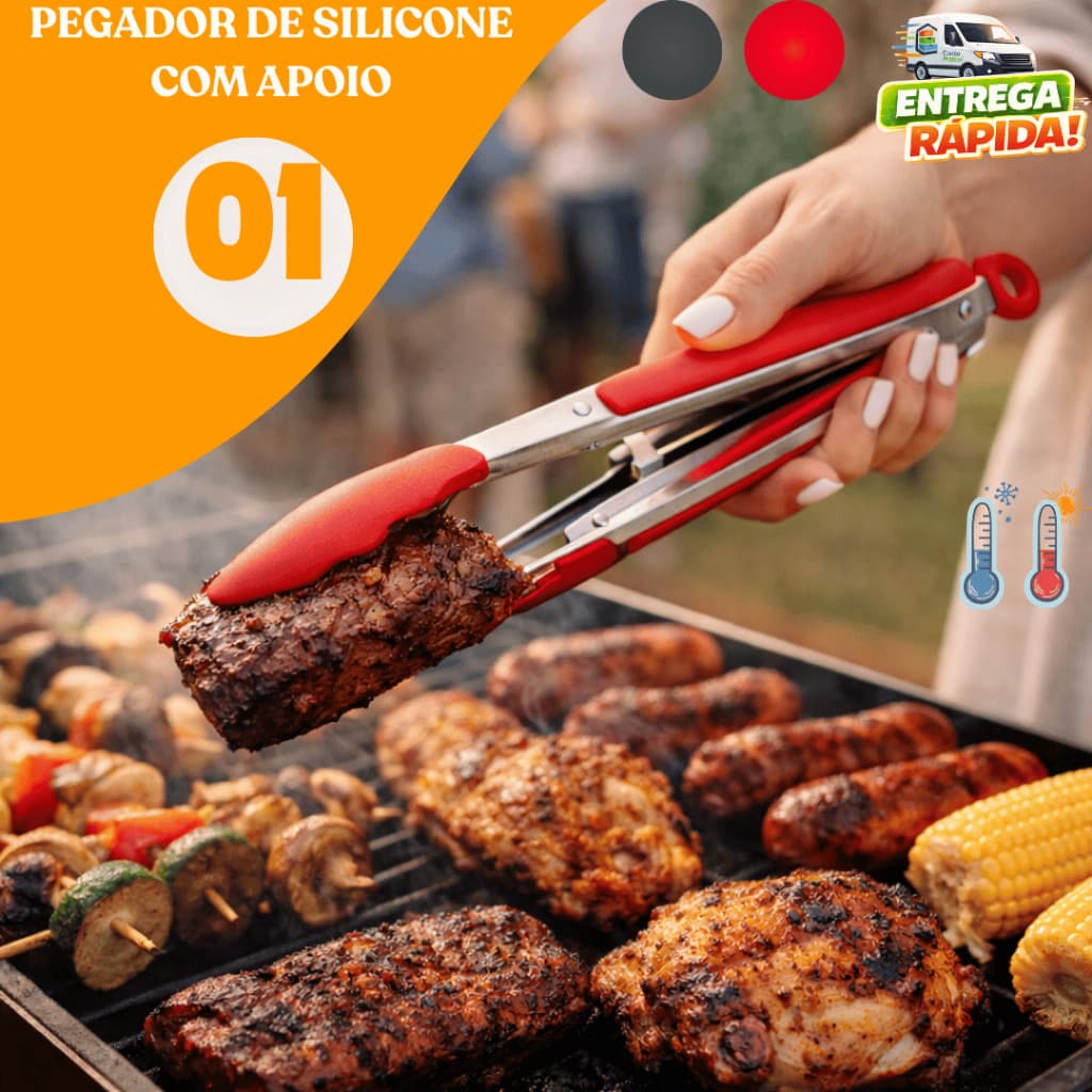 Pegador de Silicone e Inox com Apoio para Carne Salada Massa Buffet Restaurante Churrasco