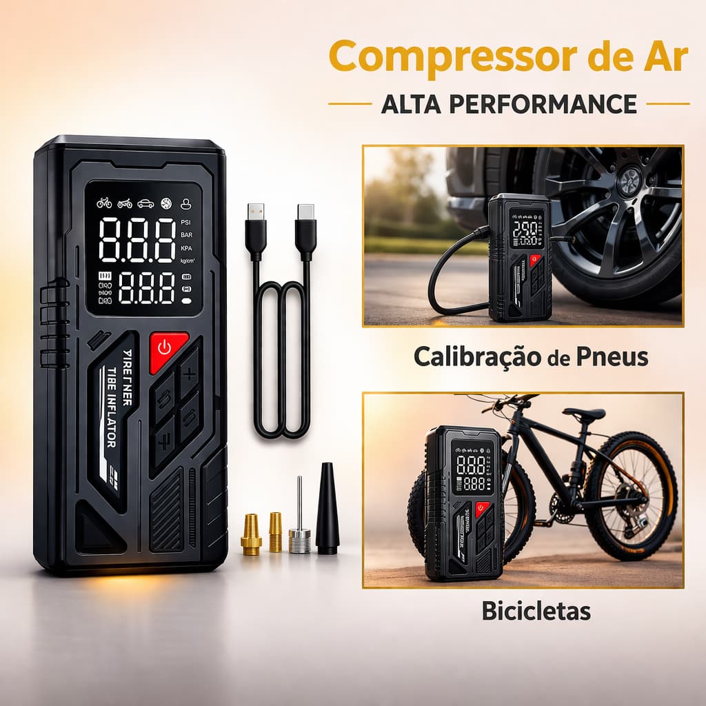 Compressor de Ar Portátil Sem Fio Digital Inflador de Pneus Carro Moto Bike com Bateria Recarregável e Power Bank