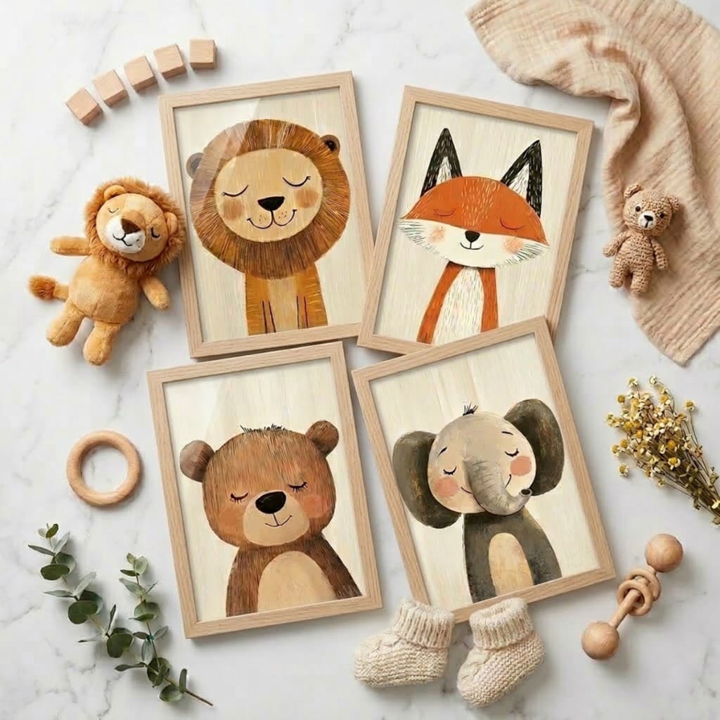 Kit 4 quadros quarto do bebê, menino, menina, leão, elefante