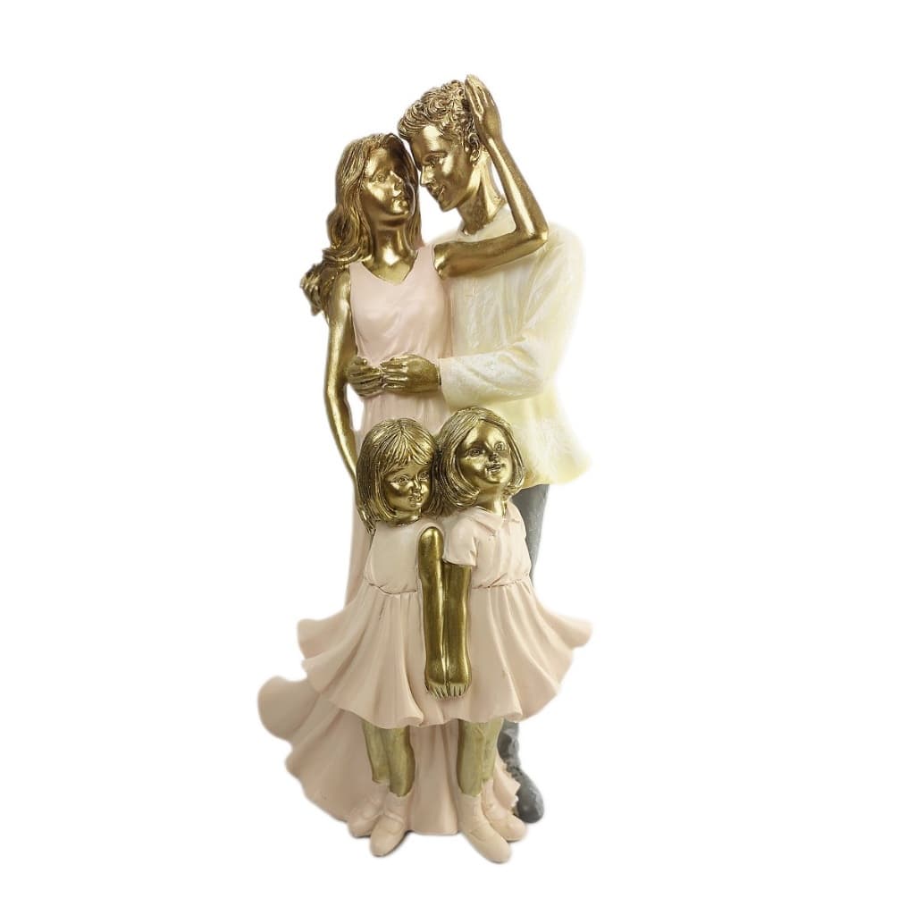 Escultura Familia com duas Meninas Gêmeas - Estatueta Pai Mae 2 Filhas Decoração