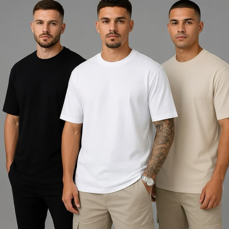 3 Camisetas Pretas Street Wear Masculinas 100% Algodão Penteado Gola Canelada