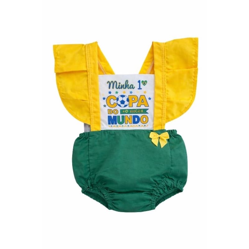 Romper Bebê Brasil Copa do Mundo Minha 1ª Copa Roupa Bebê Menina Verde e Amarelo Fantasia Brasil Bebê 0-3 meses