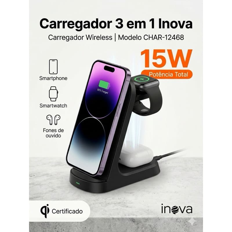 Carregador 3 em 1 Sem Fio iPhone Android Galaxy Apple Watch AirPods Base Wireless MegaShafe Indução Dobrável