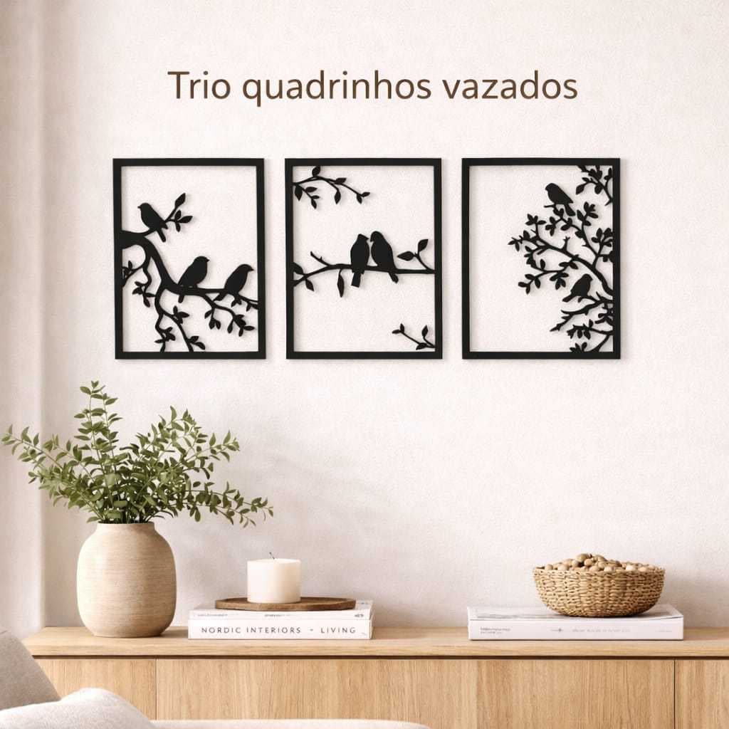 Kit 3 Peças Quadros Decorativos Mdf Vazados Pássaros Decoração Presente Parede Sala Quarto Hall