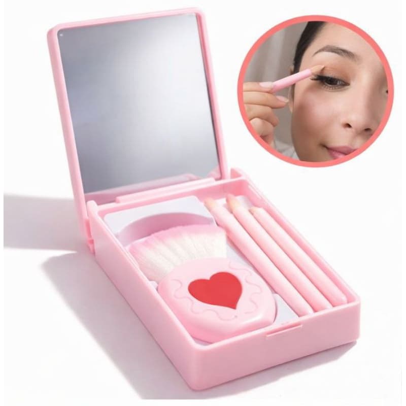 Mini Kit Maquiagem Portátil Rosa Bebê com Espelho e 4 Pincéis | Compacto para Bolsa e Viagem
