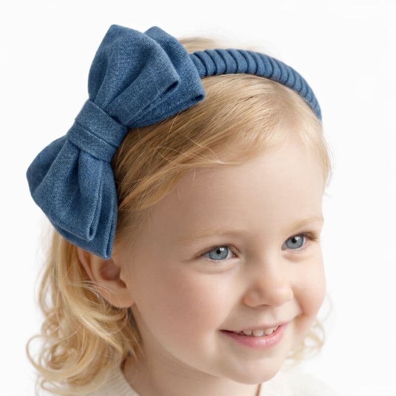 Tiara Infantil Azul Jeans Laço Duplo Algodão Arco Flexível Encapado
