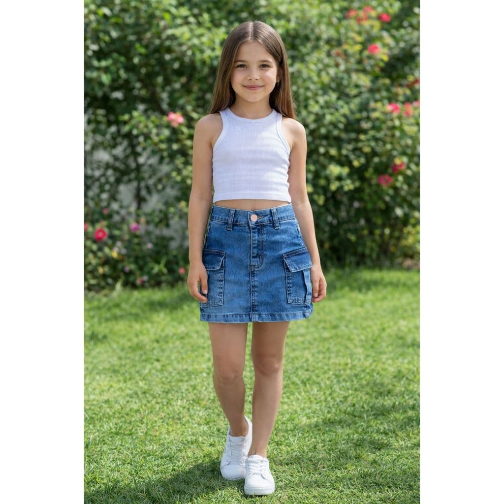 Saia Cargo Juvenil Infantil Jeans Feminina Curta Com Bolso Lateral Lycra Menina Criança