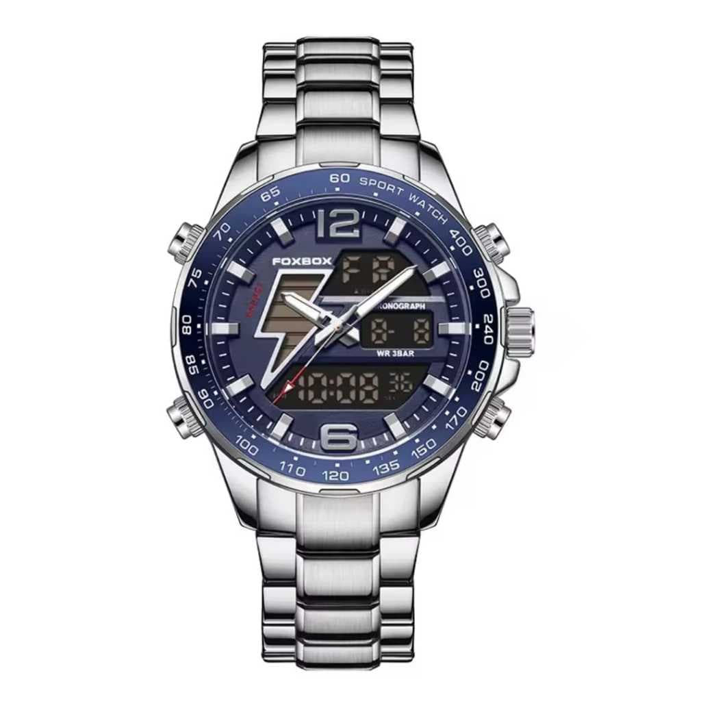 Relógio de Pulso mostrador redondo diametro 45mm em aço inox Anal/Digital a prova d'água pulseira aço corpo aço
