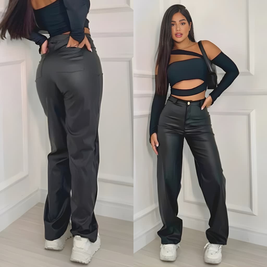 Calça Feminina Couro Fake Wide Leg Cintura Alta com Bolso e Zíper Moda 2026 Casual Elegante