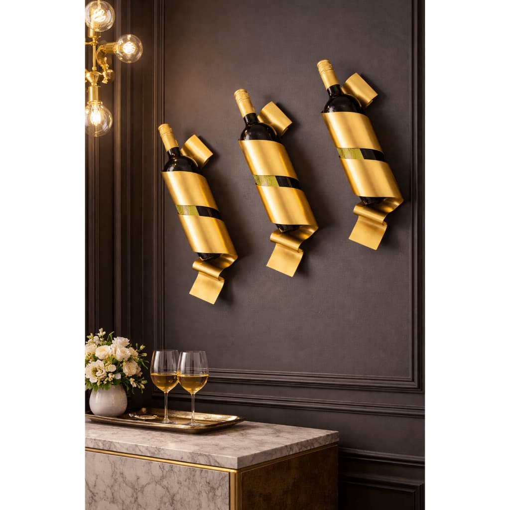 Kit 3 Adegas Esculturais Helix Gold – Suporte de Parede para Vinhos | Decoração Luxo Premium
