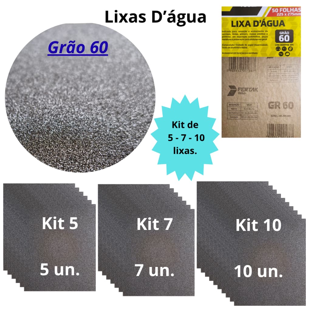 Lixa 60 D'água Kit 5 7 ou 10 folhas Lixamento Grão Grosso Portão Ferrugem Solda Ferro Metal Fibras
