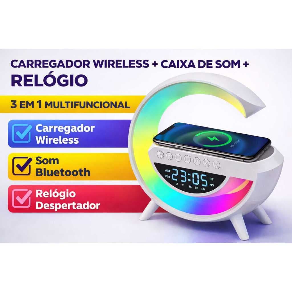 Caixa Som Bluetooth LED RGB Com Relógio Despertador Carregador Wireless Indução Speaker Portátil USB Aux