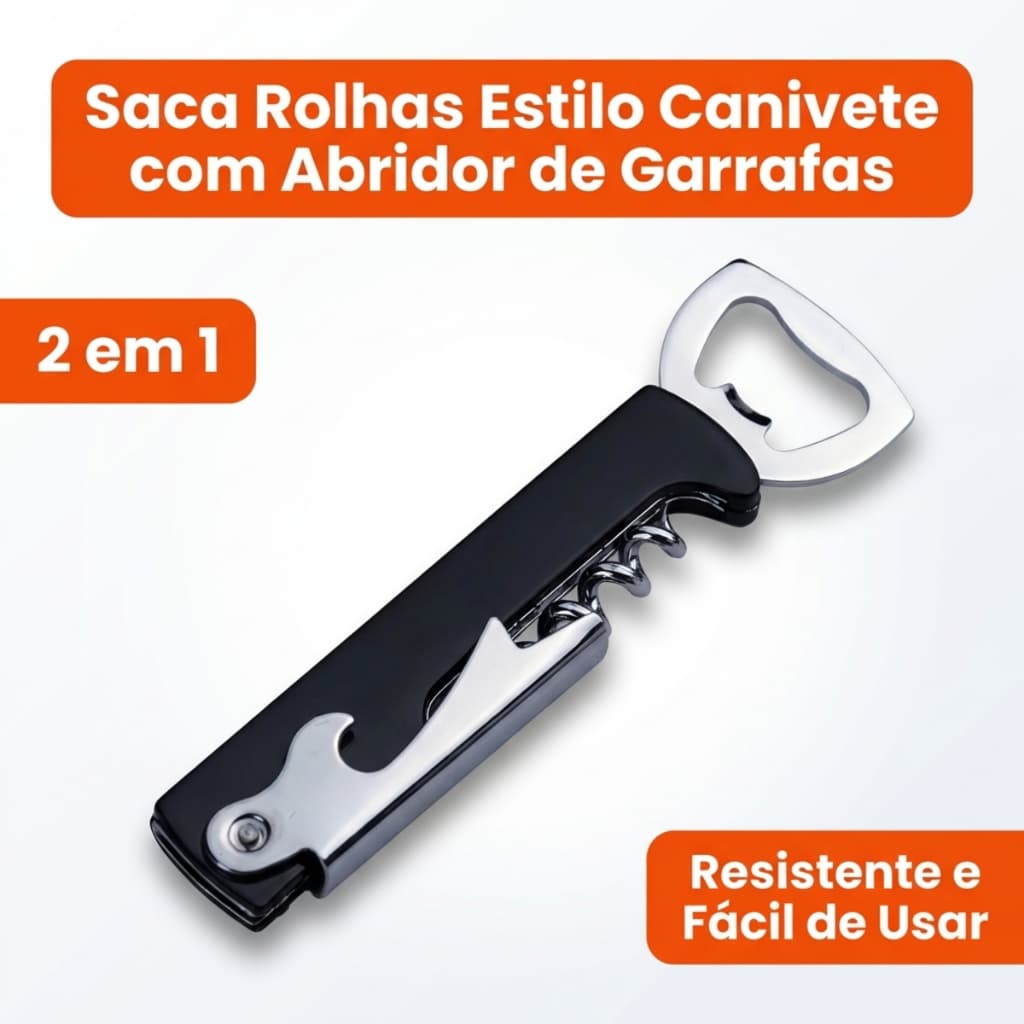 Saca Rolhas com Abridor de Garrafas 2 em 1 Aço Inox Resistente Fácil de Usar Para Vinhos Cerveja Bar