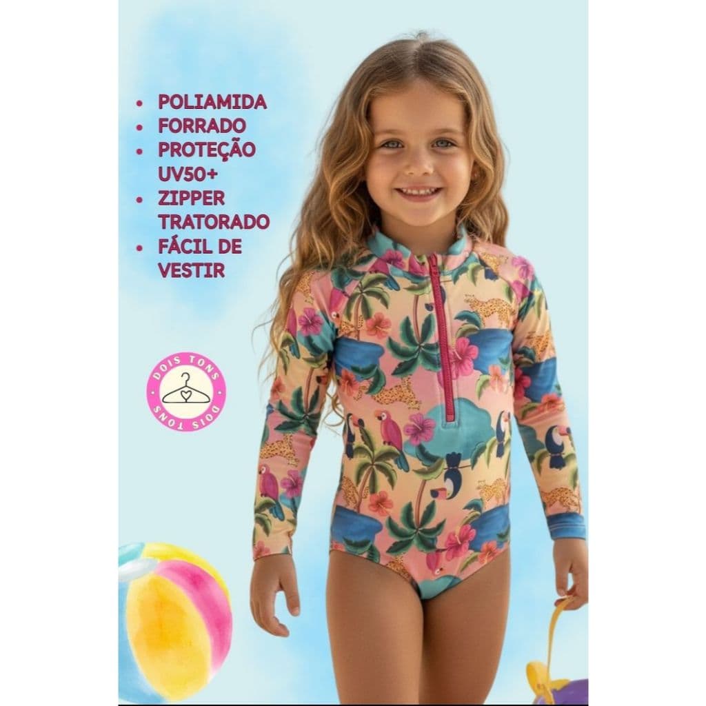 Maiô Manga Longa Zipper Infantil Menina OFERTA I Proteção UV50+ I Forrado I Confortável e Seguro para Praia e Piscina